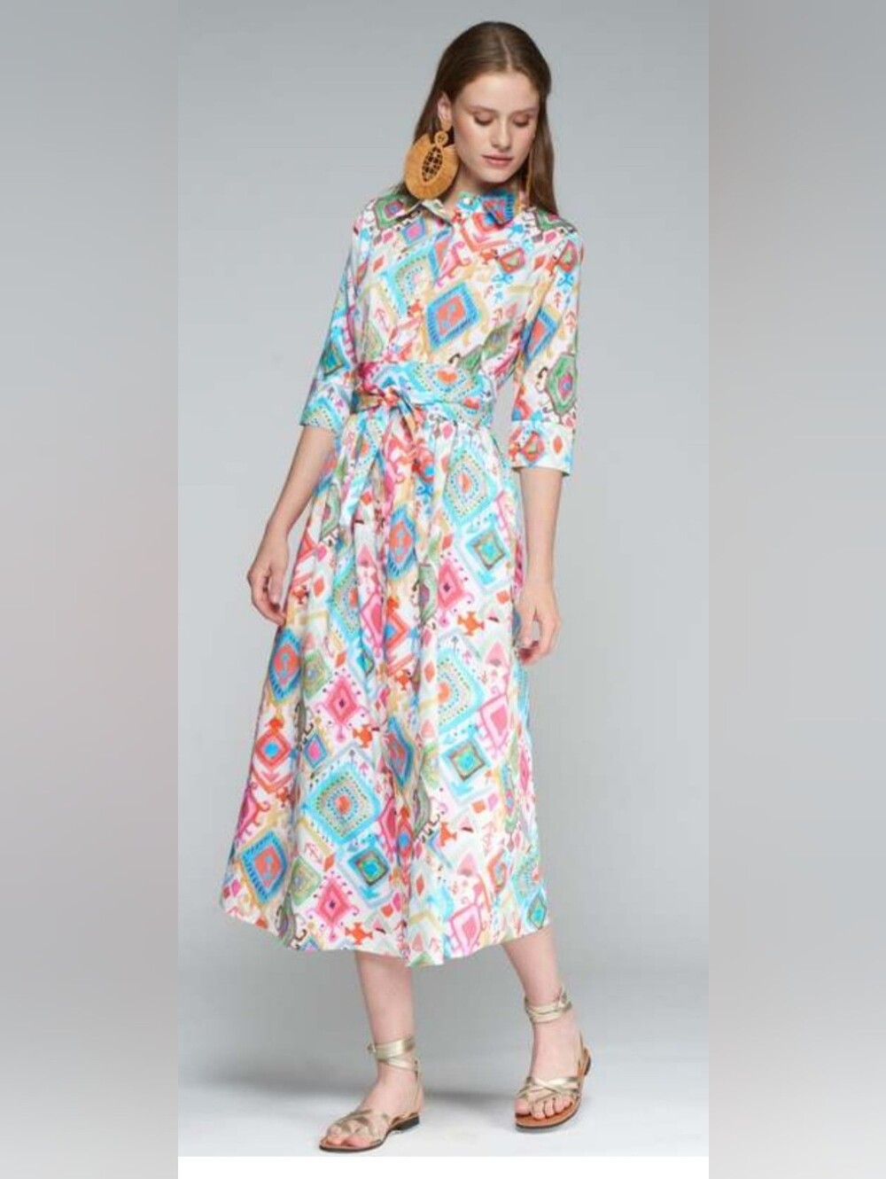 Vilagallo Brenda- Ikat Multi Acuarela Tie-Waist Midi Dress Size 44